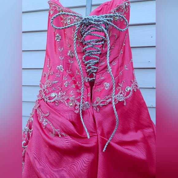 Watermelon Pink Embellished Strapless Gown - Picture 11 of 16